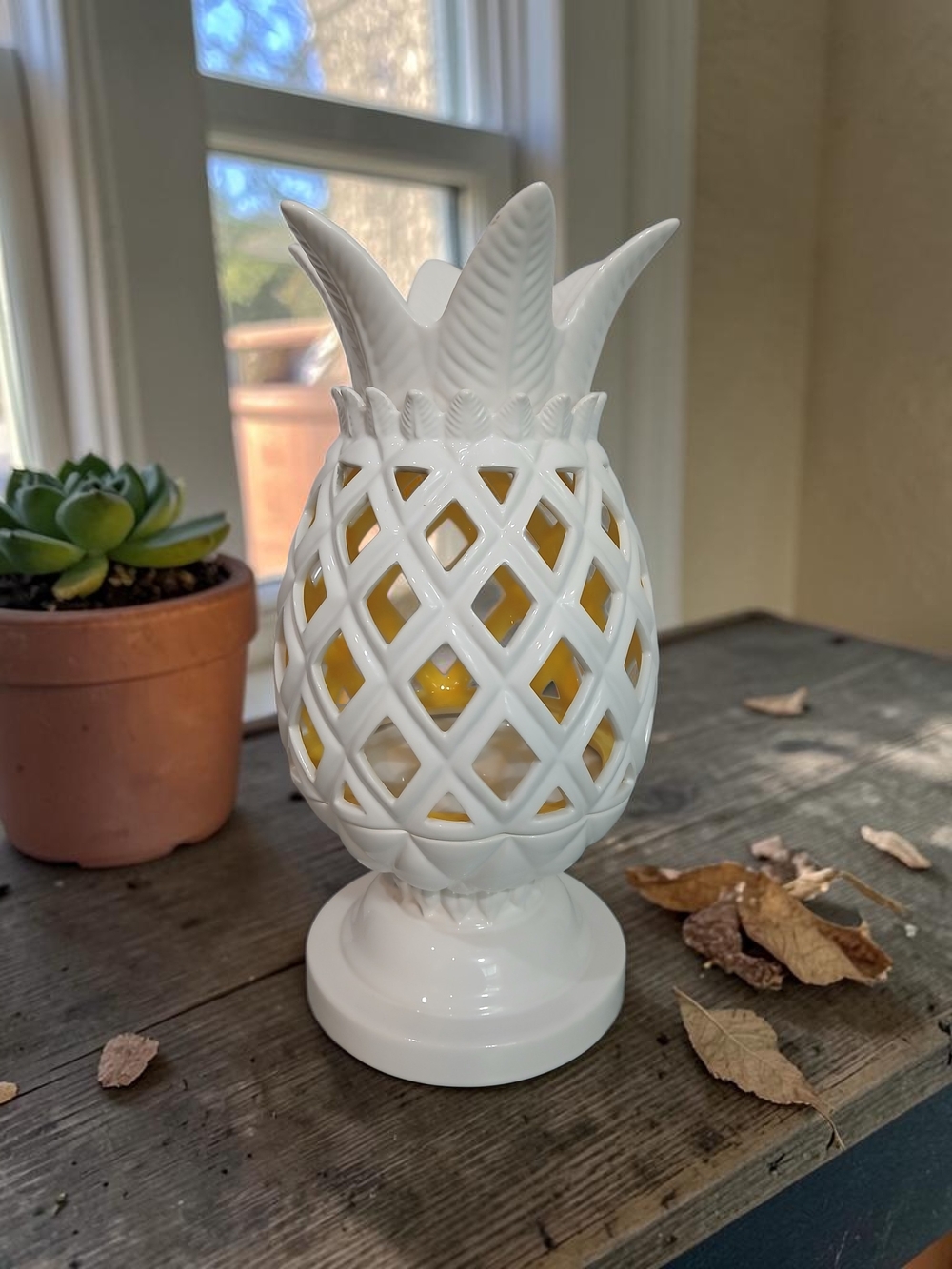 White Ceramic Pineapple Accent Lantern Candle Holder with Yellow Interior